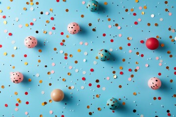 Colorful Party Decor with Confetti and Balls on Blue Background