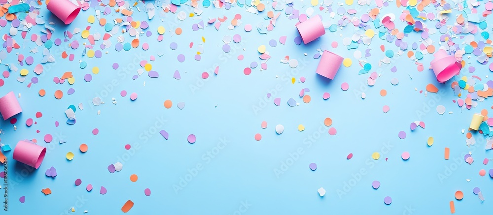 Aufkleber Pastel festive background featuring multicolored confetti Copyspace for your text Flat lay style Top view