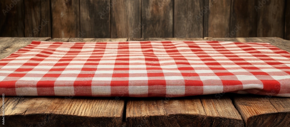 Poster red classic checkered tablecloth on a rustic wooden table with a background that includes copy space