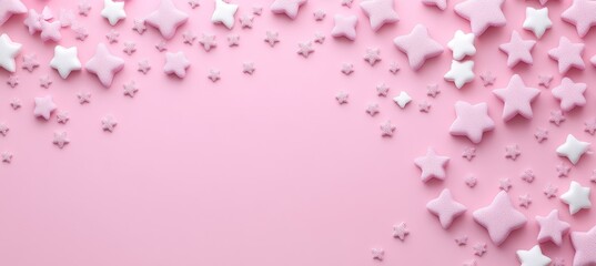 Fototapeta premium Charming Light Lilac Background Decorated With Tiny Marshmallow Stars, Space For Text