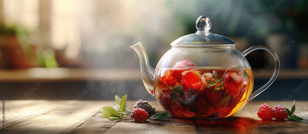 Aufkleber tea in a glass teapot herbal tea featuring berries. with copy space image. place for adding text or 