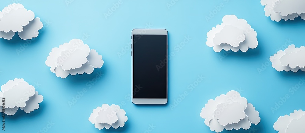 Poster Top view of white paper cut clouds with light striking a smartphone against a blue background. with copy space image. Place for adding text or design