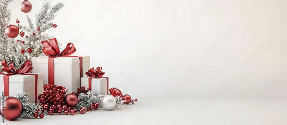Aufkleber Christmas arrangement Christmas presents and ornaments on a white background. with copy space image. Place for adding text or design