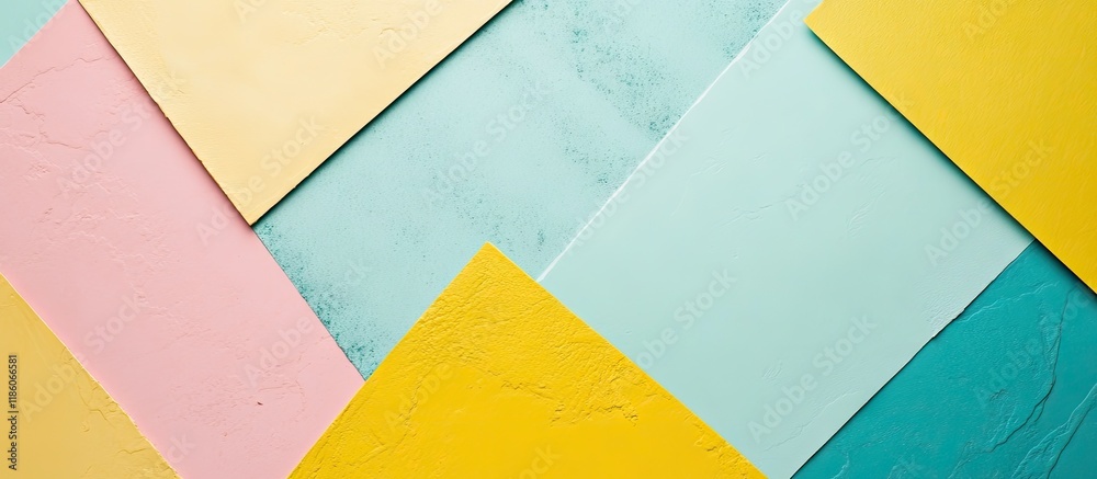 Aufkleber Textured background of fashion papers in Memphis geometric style Colors include yellow blue green and pink Top view flat lay. with copy space image. Place for adding text or design