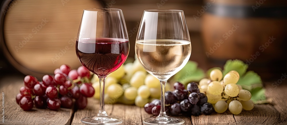 Leinwandbilder close up of red and white wine glasses with grapes on a wooden table. with copy space image. place f