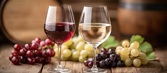 Close up of red and white wine glasses with grapes on a wooden table. with copy space image. Place for adding text or design