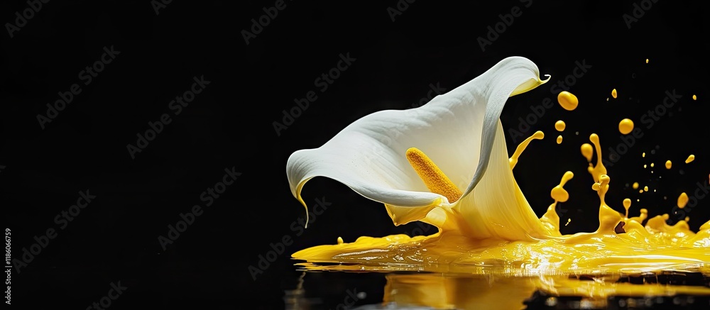 Poster Close up view of a lovely calla lily flower alongside yellow ink on a black background. with copy space image. Place for adding text or design