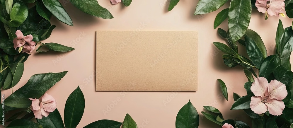 Poster Lovely flowers and lush green leaves form a floral frame around a paper card set against a colored background. with copy space image. Place for adding text or design