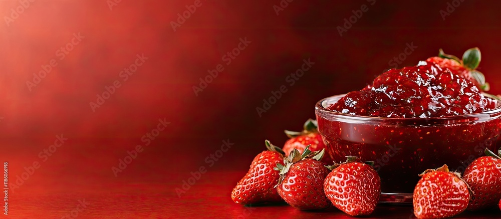 Poster fresh strawberries and strawberry jam strawberry jam in a glass bowl with fresh berries on the table