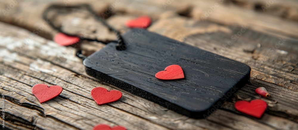 Poster black wooden tag featuring red hearts on a wooden backdrop simple and minimalistic design suitable f