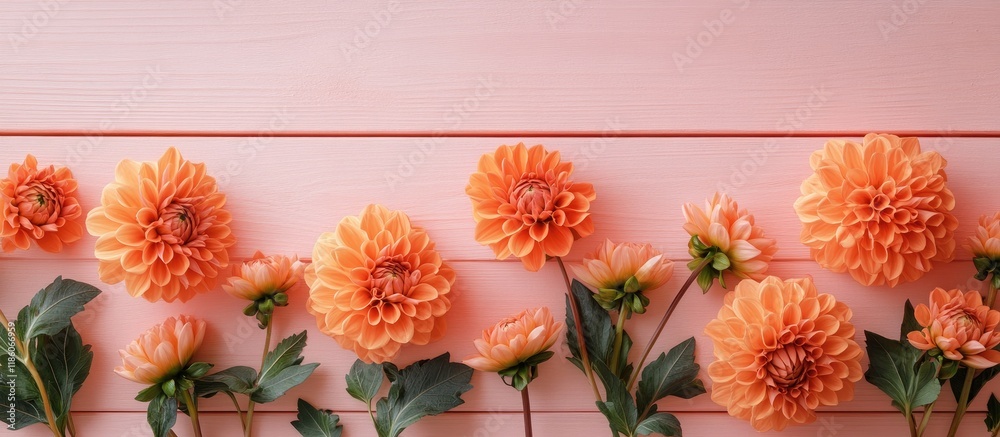 Aufkleber flat lay arrangement featuring lovely orange dahlia flowers on a light pink wooden surface. with cop