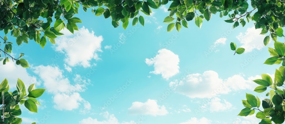 Wall mural blue sky backdrop with clouds surrounded by a border of leaves and tree branches copy space