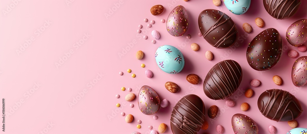 Aufkleber chocolate easter eggs and decorations arranged flat for a kids easter egg hunt concept on a pink bac