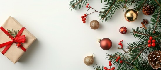 New year s arrangement featuring a gift box a Christmas ball a branch of a Christmas tree and festive decorations on a white background with copyspace