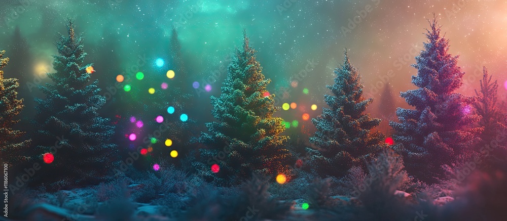 Aufkleber Christmas trees creating a forest against a backdrop of colorful lights. with copy space image. Place for adding text or design
