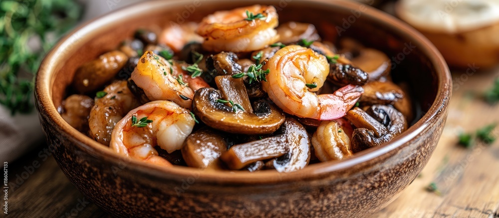 Fototapete Stir fried shiitake mushrooms and shrimp with soy sauce in a ceramic dish on a wooden table close up Homemade food concept. with copy space image. Place for adding text or design