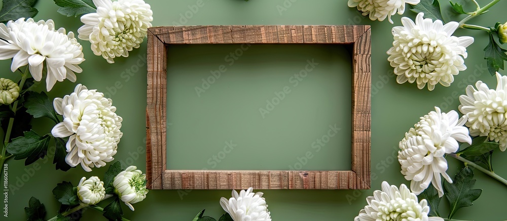 Poster white chrysanthemum in a wooden frame with copy space set against a green background flat lay top vi