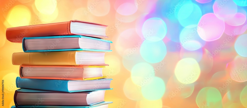 Poster a stack of books set against a blurred colorful backdrop for copy space
