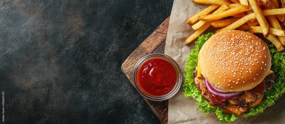 Leinwandbilder homemade chicken strips burger served with french fries and a sweet and sour sauce on a rustic board