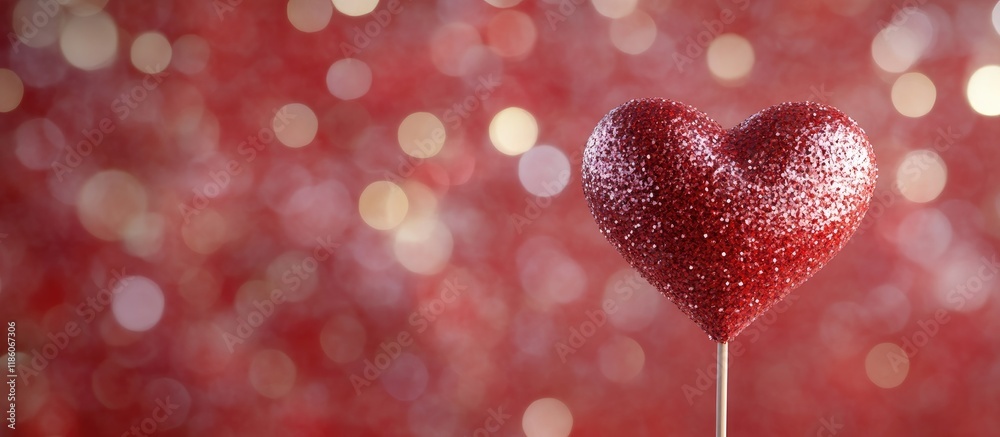 Leinwandbilder Wooden decorative heart on a stick Area for text on the right Red background with bokeh Concept of Valentine s Day and love. with copy space image. Place for adding text or design