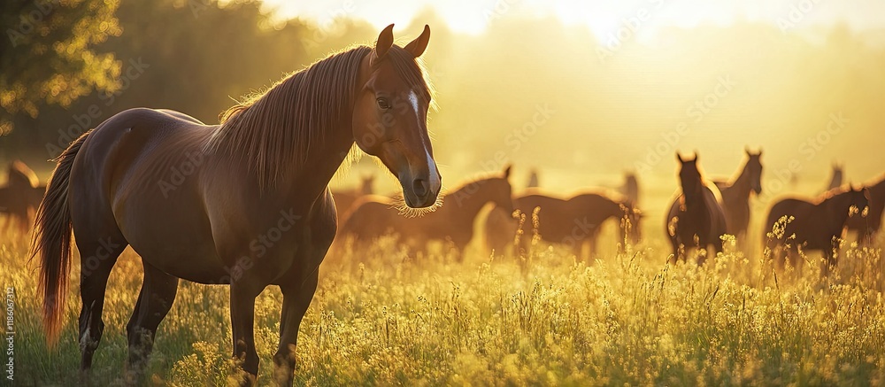 Aufkleber Horses grazing in a herd. with copy space image. Place for adding text or design