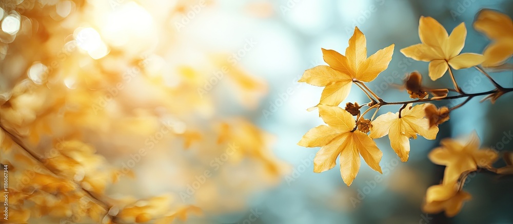 Aufkleber yellow autumn maple leaves in a forest selective focus blurred background of autumn nature concept b