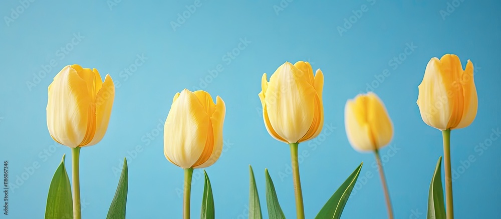 Aufkleber Yellow tulips rest on a blue background Floral backdrop for a postcard banner. with copy space image. Place for adding text or design
