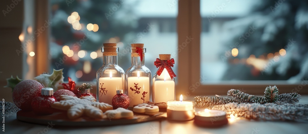 Poster Four candles in bottles are lit for Advent with Christmas cookies and decorations on a table by the window copy space selected focus narrow depth of field