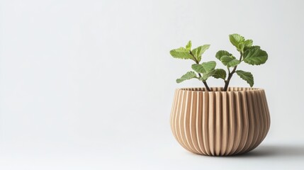Small plant in ribbed pot, white background, minimalist home decor