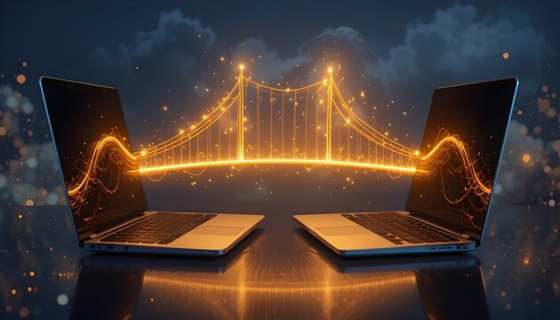Business and money concept with a glowing gold bridge connecting two laptops, symbolizing financial connections and digital trade.
