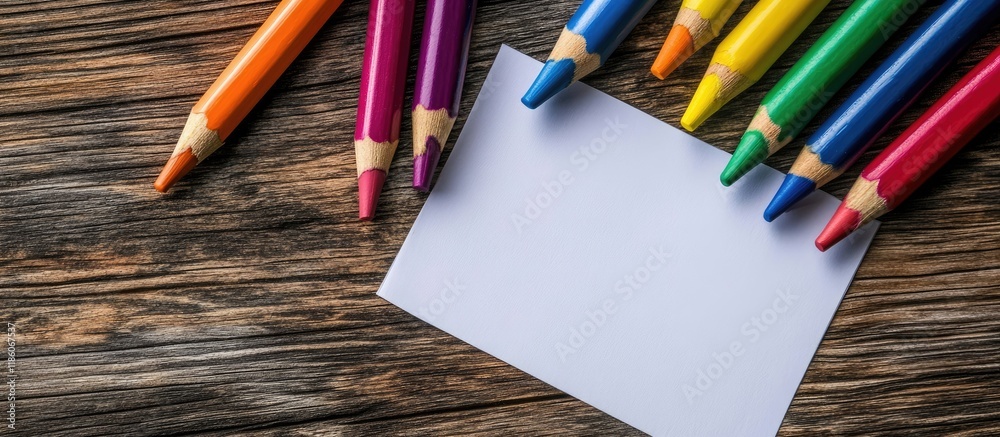 Poster brightly colored crayons and unmarked paper on the wooden desk. with copy space image. Place for adding text or design