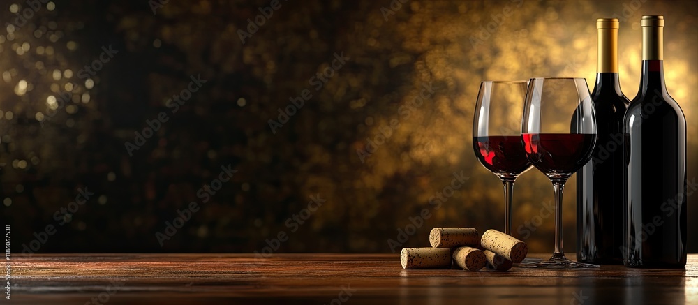 Poster Wine bottles glasses and corks on a table in the background. with copy space image. Place for adding text or design