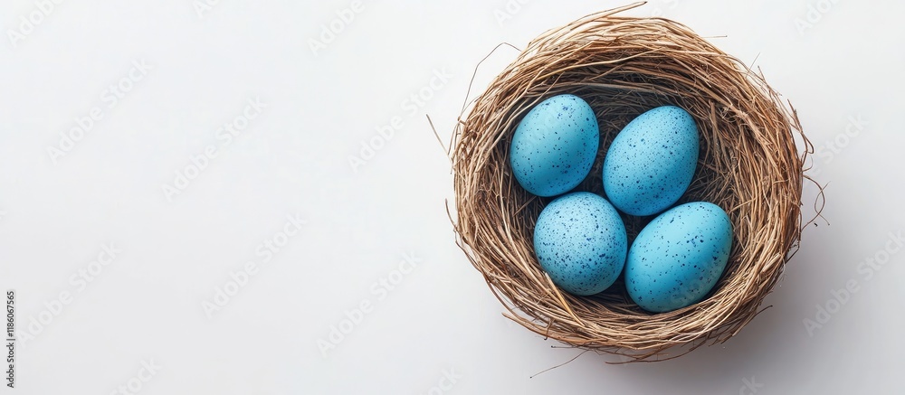 Aufkleber Blue Easter eggs in a nest on a white background. with copy space image. Place for adding text or design