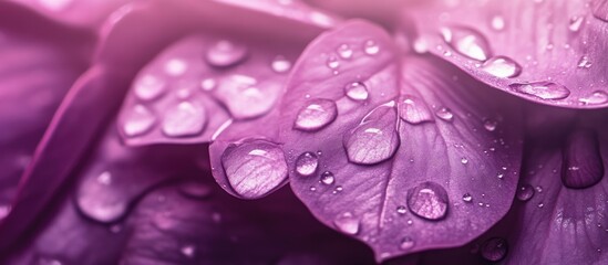 Violet flower petals adorned with water droplets. with copy space image. Place for adding text or design