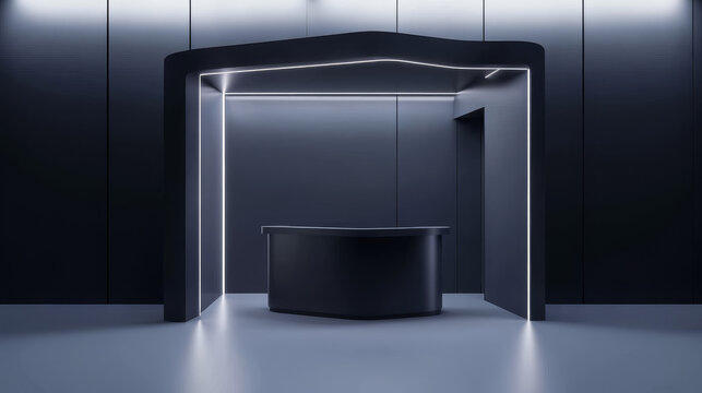 Black display booth for trade show exhibit mockup. 3d exhibition furniture isolated room template set. Business event indoor corner render with table and sale panel mock up. Empty kiosk or store spot