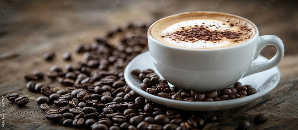 Poster A cappuccino for breakfast accompanied by roasted coffee beans. with copy space image. Place for adding text or design