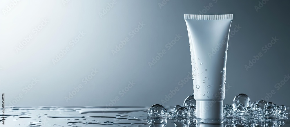 Poster Moisturizing cream in a tube sitting on glass with water droplets set against a grey background. with copy space image. Place for adding text or design