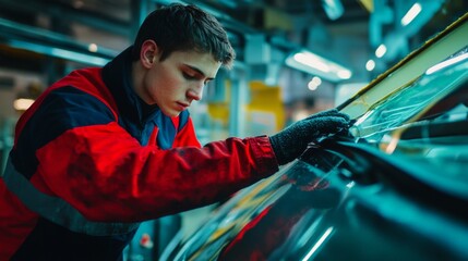 A focused young man works on a car in a modern workshop. His concentration highlights the dedication to craftsmanship. The atmosphere is dynamic and professional. Generative AI