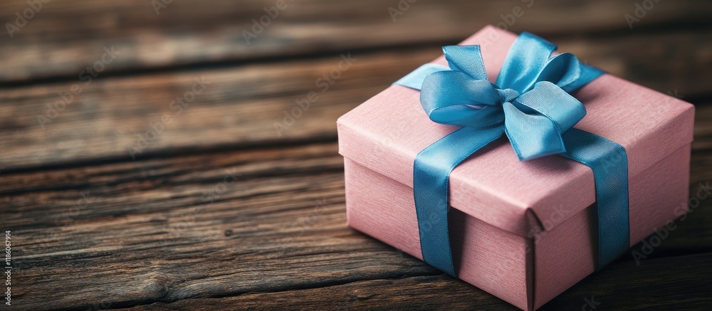 Poster Handmade pink gift box adorned with a blue ribbon and bow on an old wooden table. with copy space image. Place for adding text or design