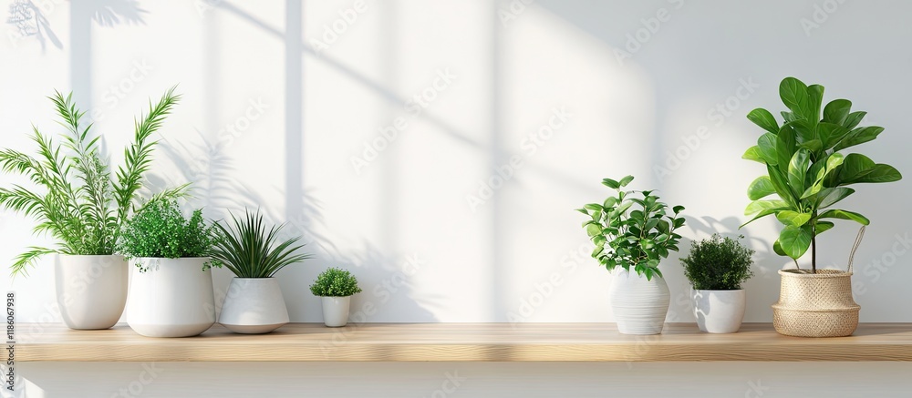 Poster white home interior featuring houseplants on a wooden shelf. with copy space image. place for adding
