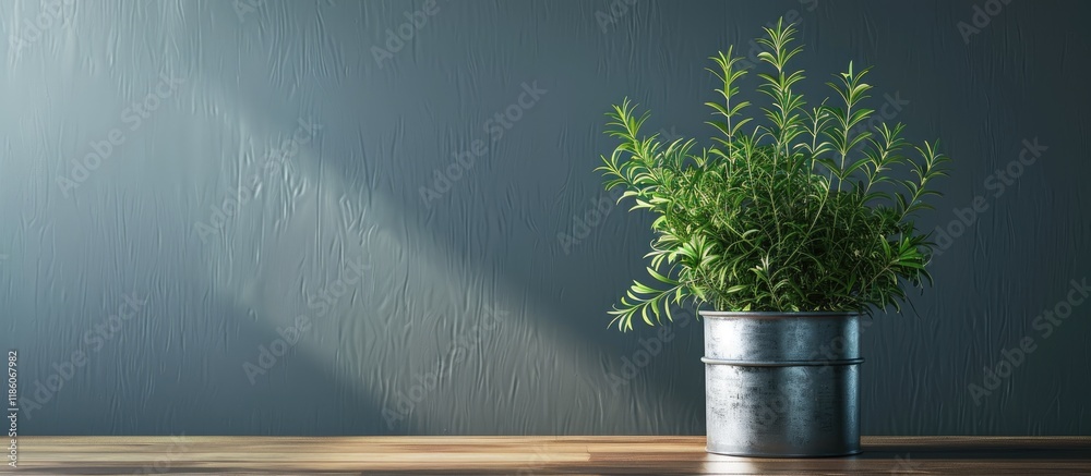 Aufkleber green plant in a metal vase sitting on a table. with copy space image. place for adding text or desi