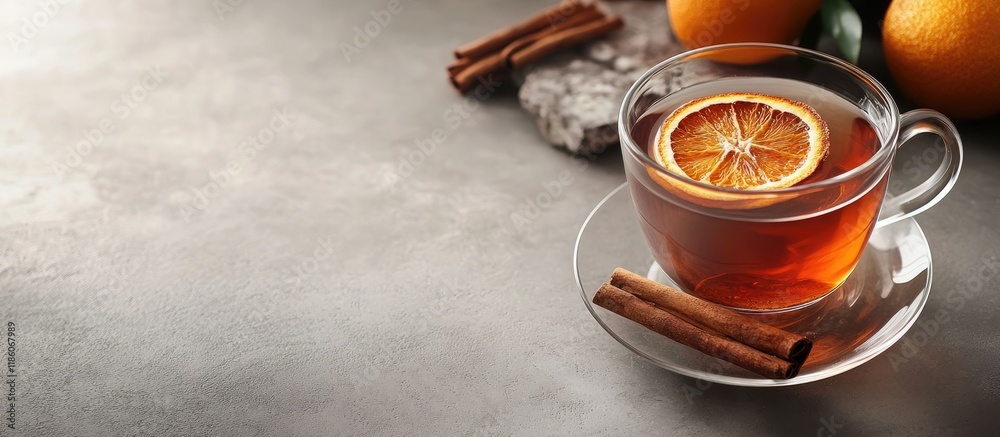 Poster fruit tea with cinnamon and dried orange in a teacup on a gray table blank free space for your adver