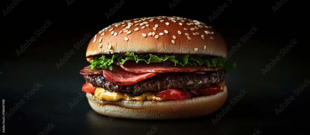 Leinwandbilder Hamburger featuring beef and ham against a black background. with copy space image. Place for adding text or design