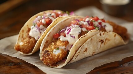 Fish taco in parchment paper on wooden table.