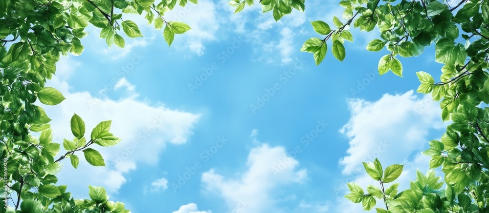 Leinwandbilder blue sky backdrop with clouds surrounded by a border of leaves and tree branches copy space