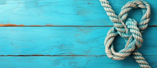 Obraz premium Fishman ship rope knots on a turquoise blue wooden background Aquamarine and knitted knots. with copy space image. Place for adding text or design