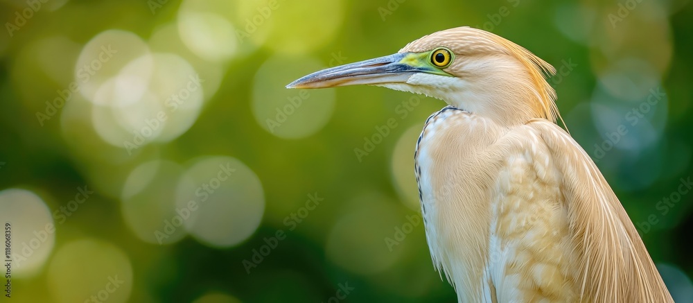 Poster squacco heron ardeola ralloides against a green background. with copy space image. place for adding 