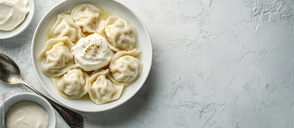 Fototapete russian and ukrainian dishes lazy dumplings served with sugar butter and sour cream in a white plate