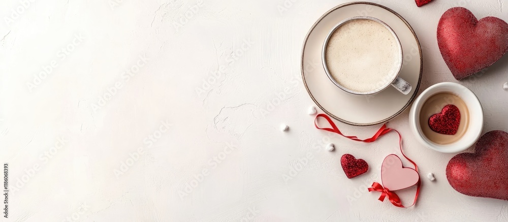 Poster Valentine s Day breakfast or brunch Table seen from above. with copy space image. Place for adding text or design