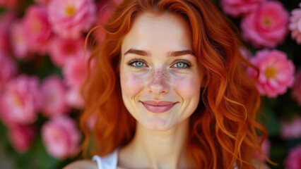 Naklejka premium Beautiful bright cheerful happy young red-haired woman with curly hair, blue eyes, freckles, against the background of a wall of fresh pink flowers.